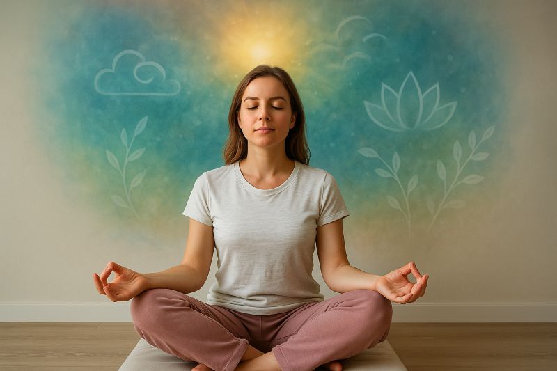 Meditasyon yapan kadın; imge terapi ve görselleştirme terapisiyle zihinsel rahatlama, stres azaltma ve duygusal dengeyi temsil eden görsel.