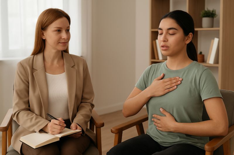 Uzman terapist eşliğinde gerçekleştirilen imge terapi seansı; danışanın görselleştirme teknikleriyle zihinsel rahatlama ve duygusal denge kazanımını simgeleyen görsel.