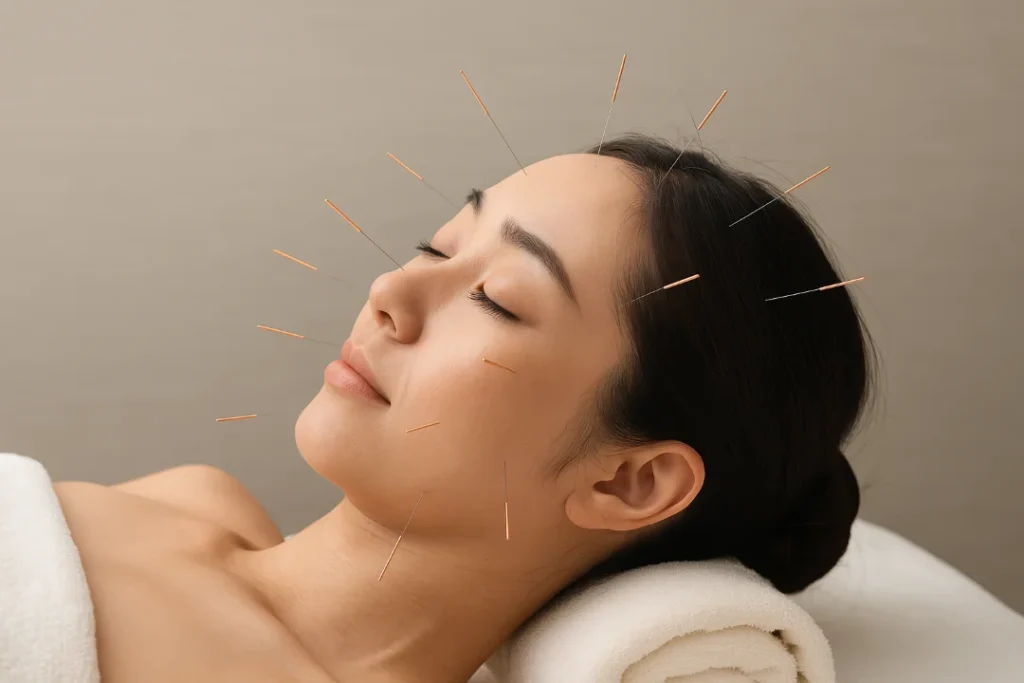 Baş ağrısı ve migren için yüz bölgesine uygulanan akupunktur noktaları ve akupunktur iğneleri
