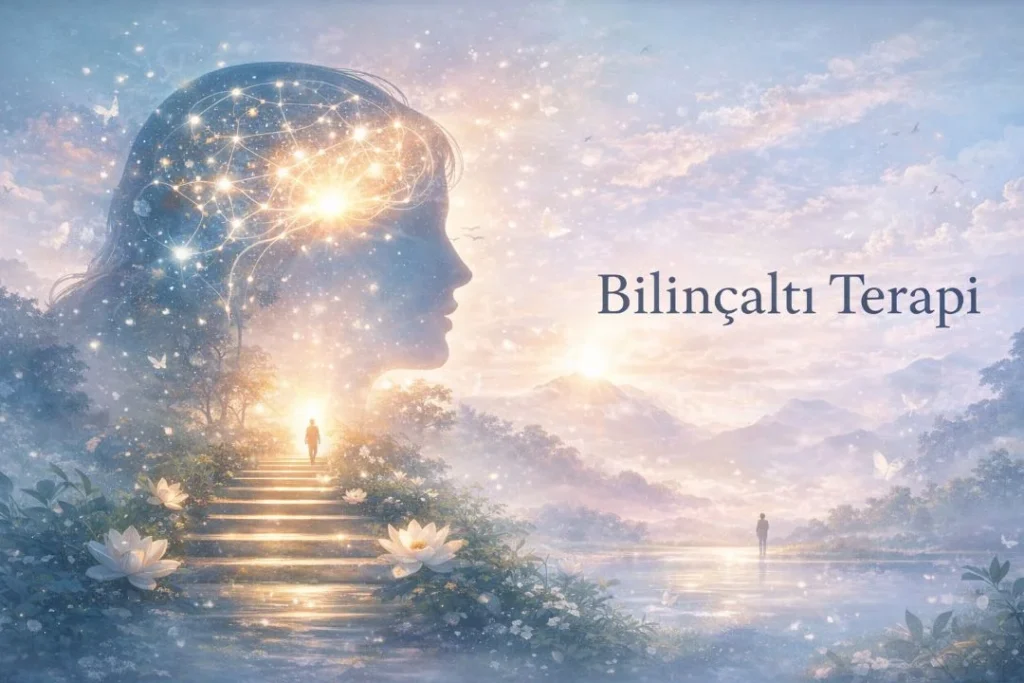 Bilinçaltı terapi sürecini simgeleyen, zihinsel farkındalık ve içsel dönüşüm yolculuğunu anlatan görsel
