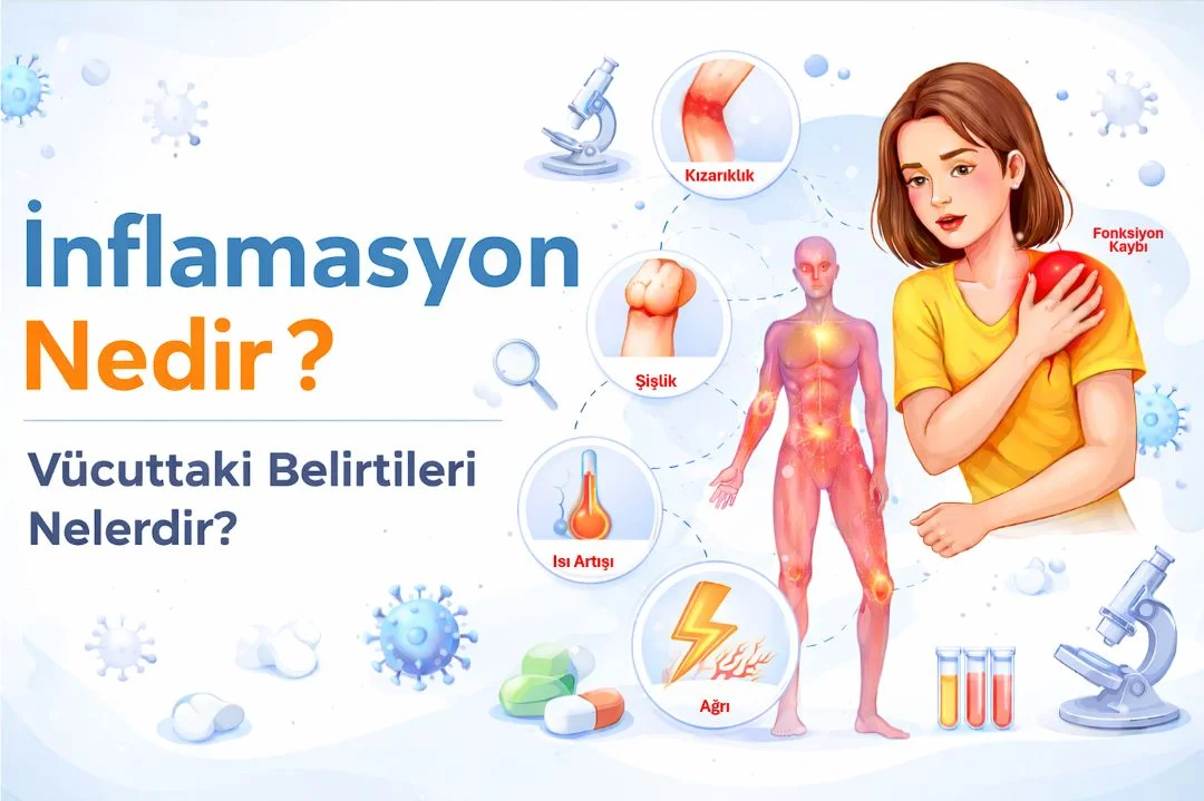 İnflamasyon nedir sorusunu anlatan, vücutta kızarıklık, şişlik, ısı artışı ve ağrı belirtilerini gösteren tıbbi illüstrasyon
