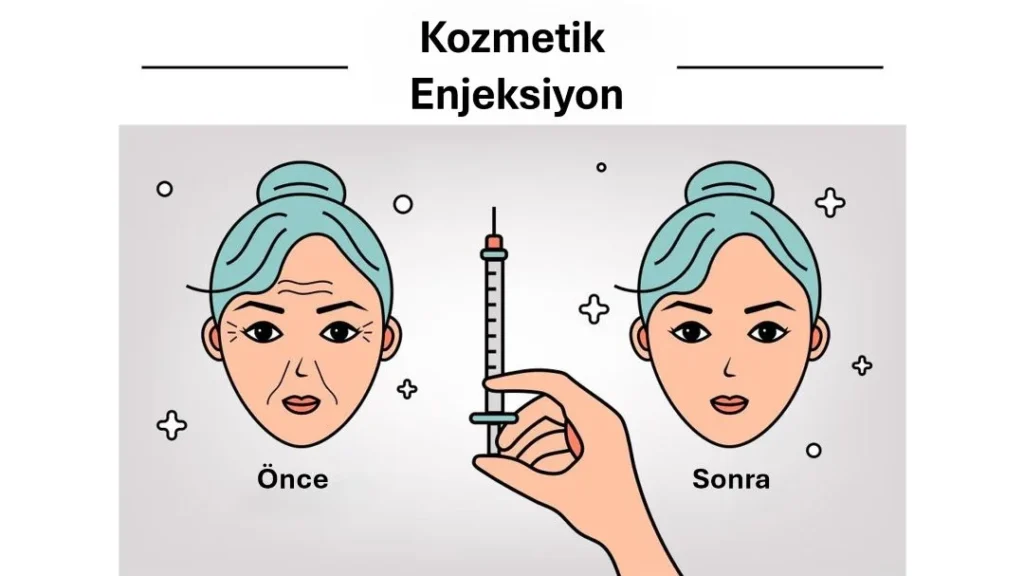 mezoterapi öncesi ve sonrası cilt görünümünü gösteren kozmetik enjeksiyon uygulaması illüstrasyonu