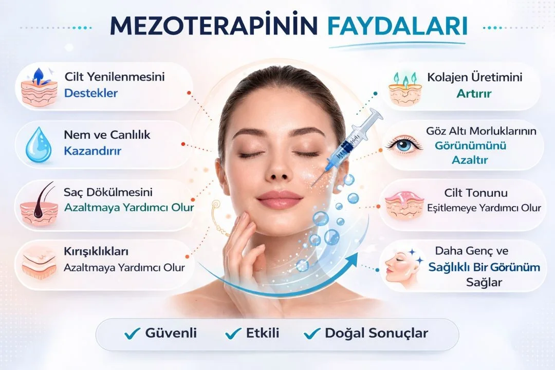 mezoterapinin faydalarını gösteren infografik cilt yenilenmesi saç dökülmesi göz altı morlukları ve kolajen üretimi