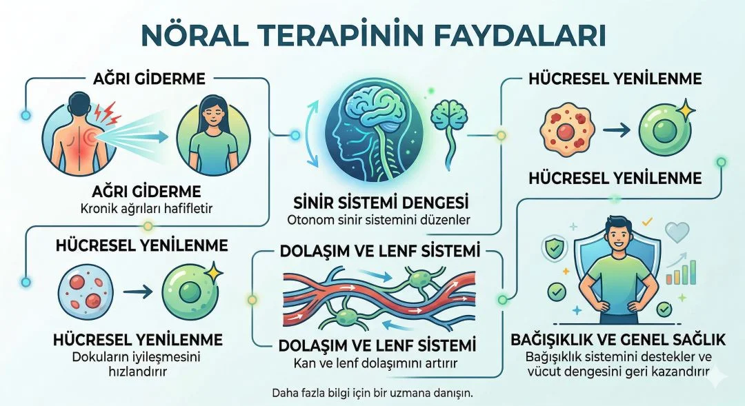 Nöral terapinin faydalarını gösteren sinir sistemi dengesi, ağrı giderme ve hücresel yenilenme görseli