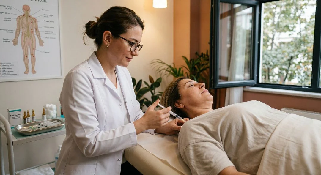 Nöral terapi uygulaması sırasında hasta ve doktoru gösteren klinik tedavi görseli
