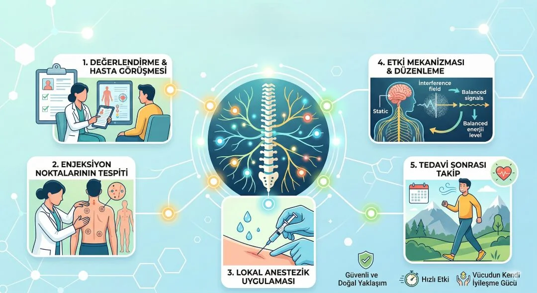 Nöral terapi nasıl yapılır aşamalarını gösteren hasta değerlendirme, enjeksiyon ve tedavi süreci görseli