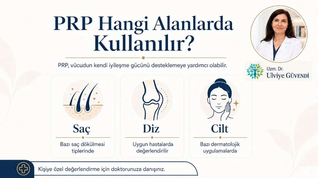PRP hangi durumlarda kullanılır? Saç, diz ve cilt uygulamalarını gösteren bilgilendirici görsel