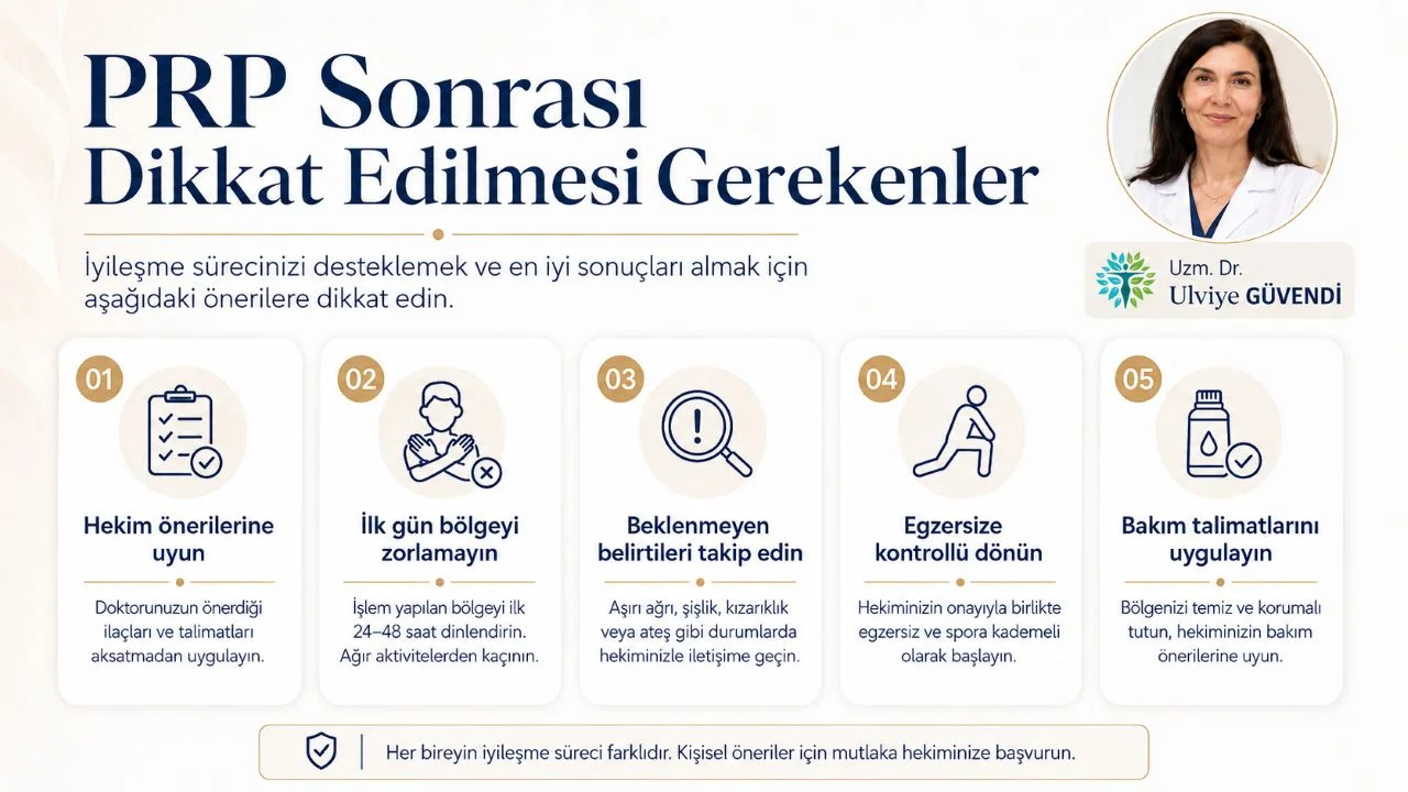 PRP sonrası nelere dikkat edilmelidir? Hekim önerileri, egzersiz, bakım ve beklenmeyen belirtiler hakkında bilgilendirici görsel