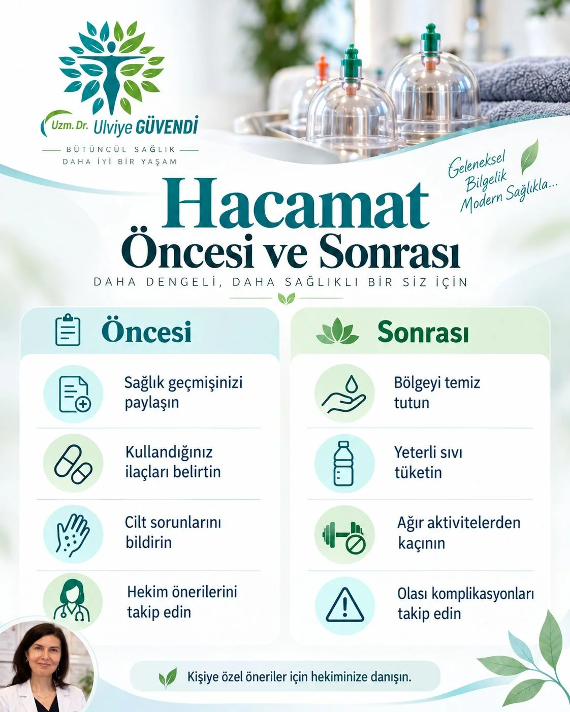 Hacamat öncesi ve sonrası dikkat edilmesi gerekenler; sağlık geçmişi, ilaç kullanımı, cilt bakımı, sıvı tüketimi ve komplikasyonların takibini açıklayan infografik.