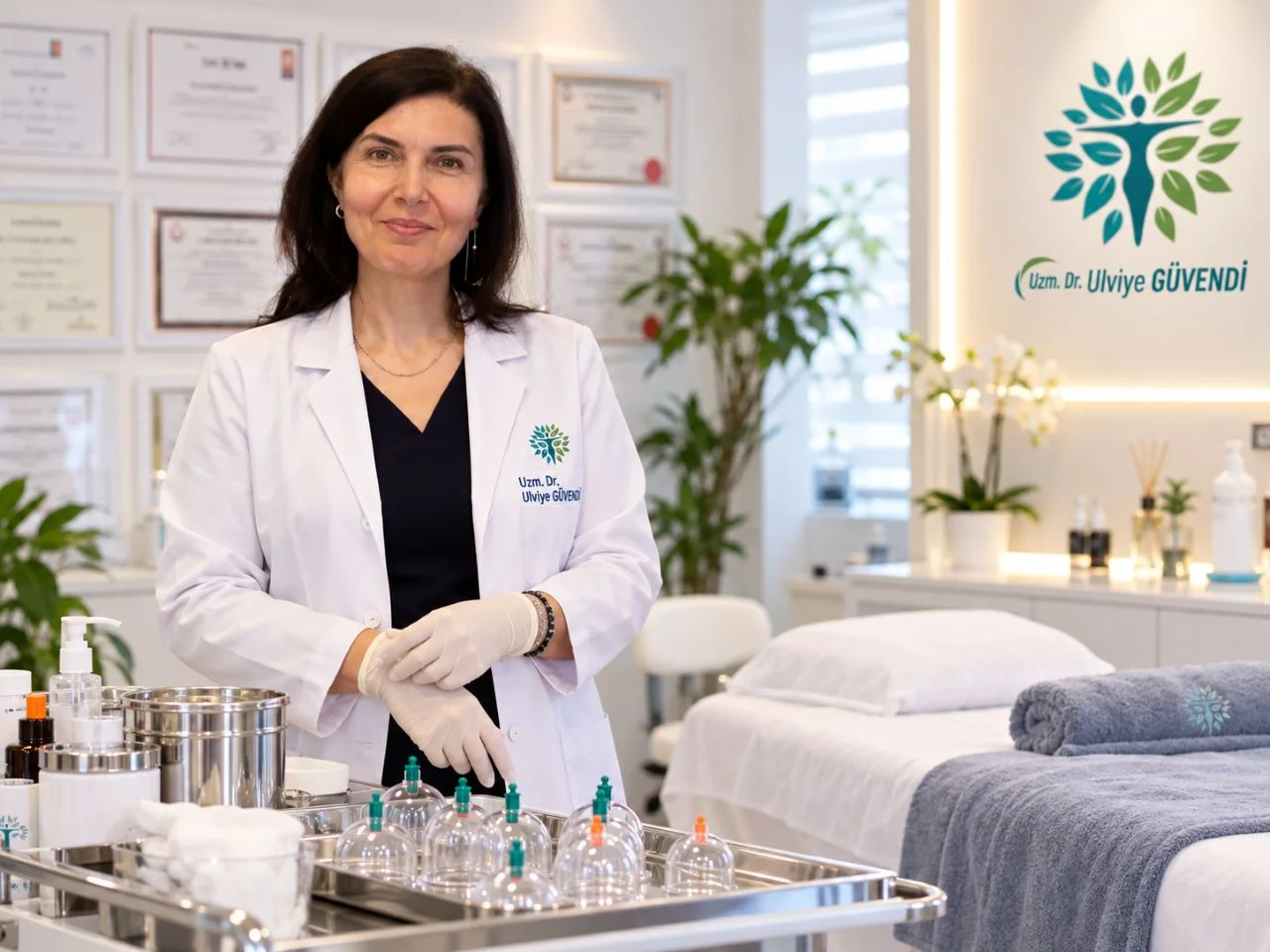 Uzm. Dr. Ulviye Güvendi, hacamat uygulamasında kullanılan kupa ve tıbbi ekipmanların bulunduğu klinik ortamında.